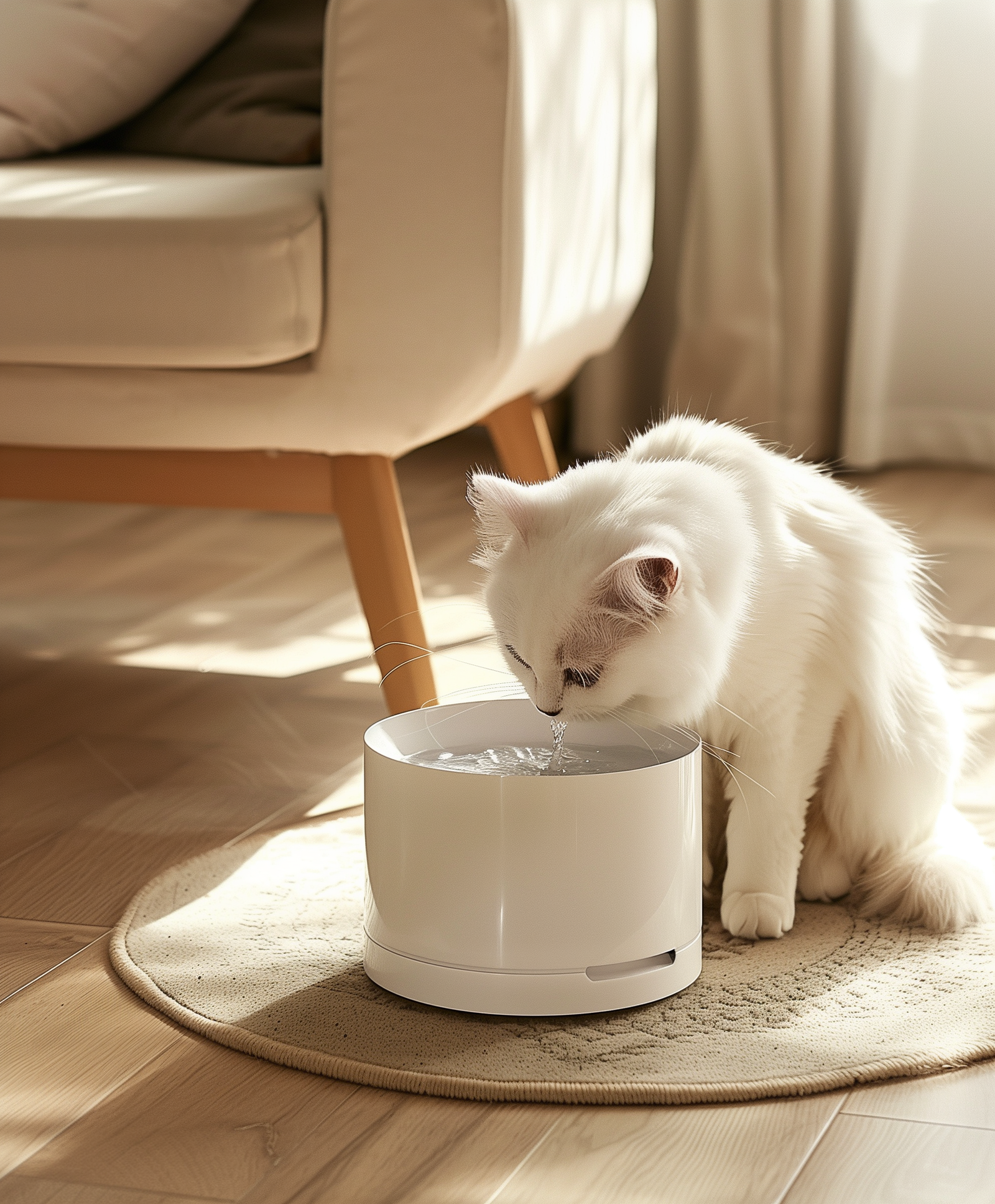 Chat blanc buvant à une fontaine à eau design sur un tapis beige, lumière naturelle et intérieur clair