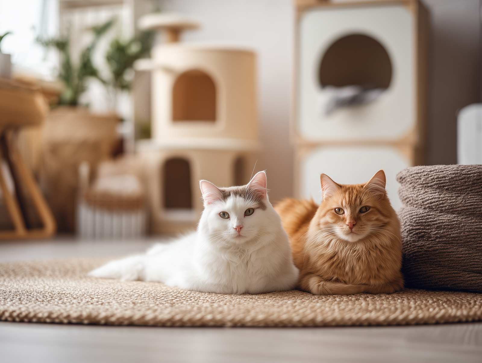 Deux chats, l’un blanc et l’autre roux, allongés sur un tapis en jute dans un intérieur moderne