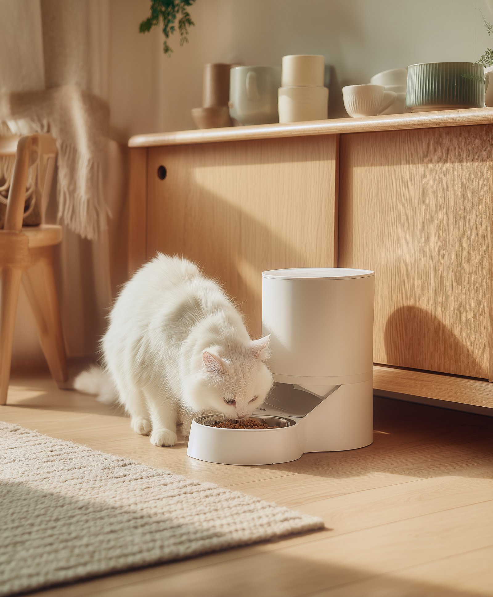 Chat blanc mangeant à un distributeur automatique de croquettes dans un intérieur beige et lumineux