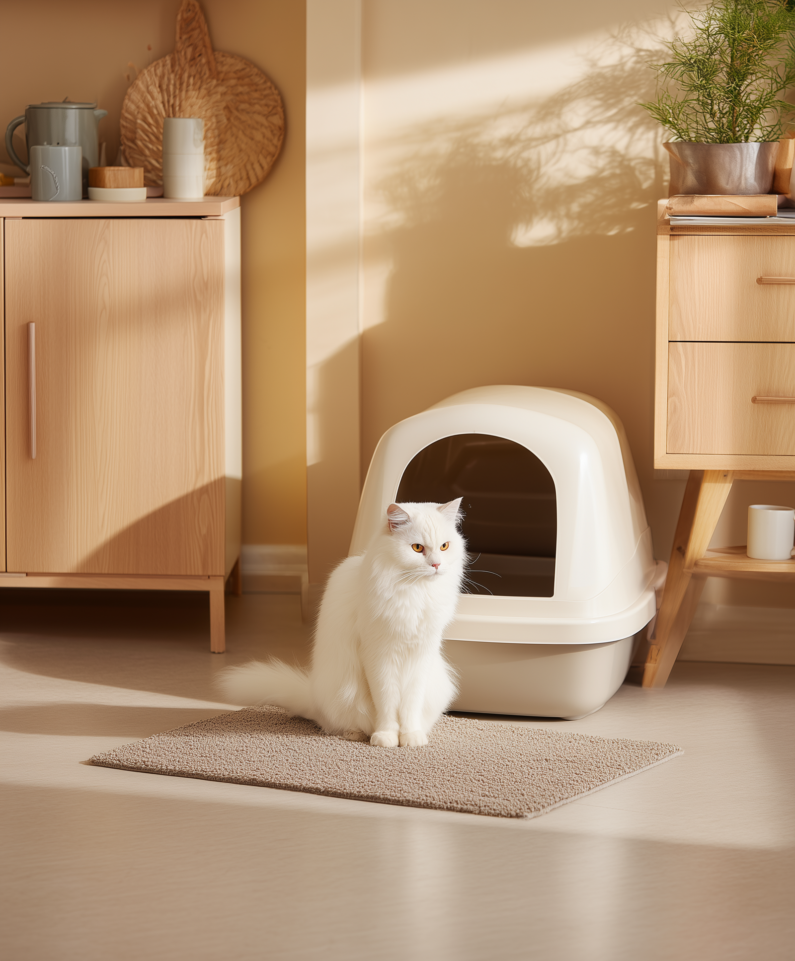 Chat blanc buvant à une fontaine à eau connectée dans un intérieur en bois clair et beige
