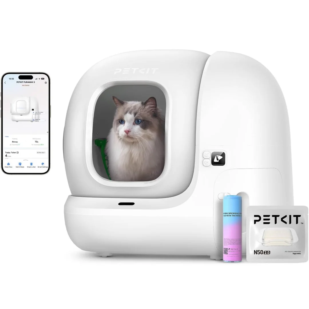Litière automatique connectée Petkit Pura Max 2 blanche, avec capteurs intelligents et nettoyage automatique, dans un intérieur clair et moderne