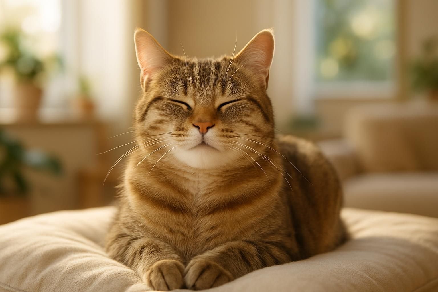 Chat roux installé confortablement et ronronnant
