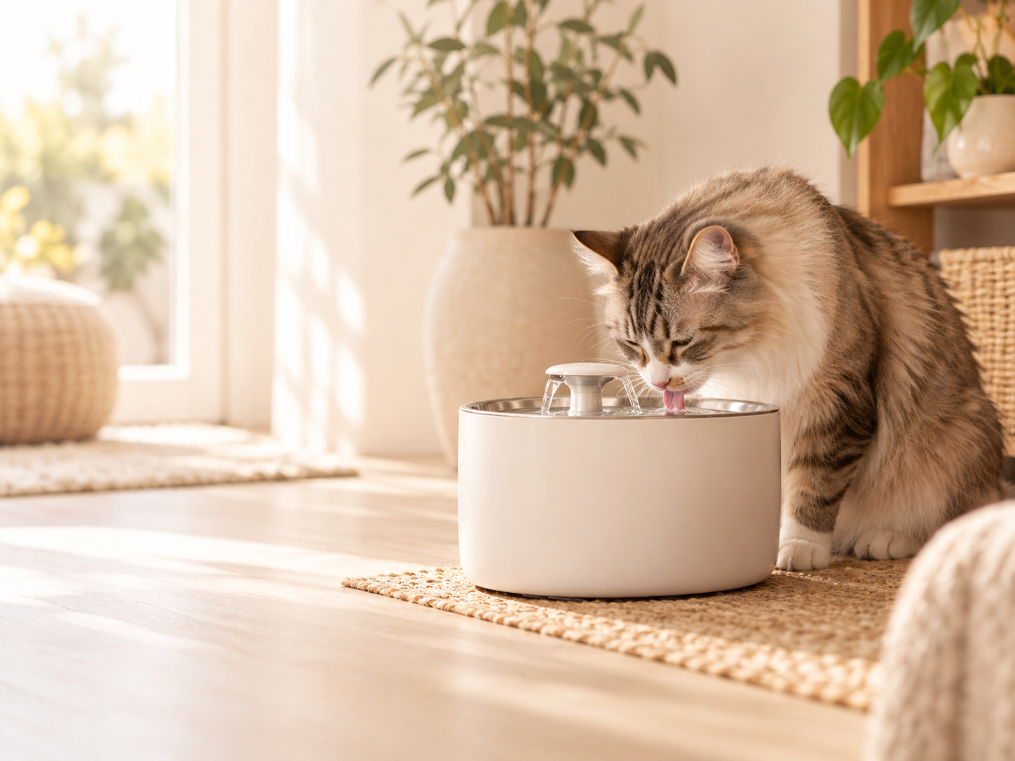 Chat buvant à une fontaine à eau dans un intérieur chaleureux