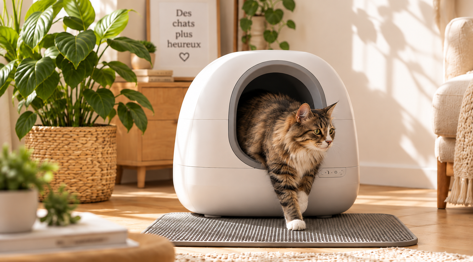 Chat près d'une litière automatique dans un intérieur chaleureux