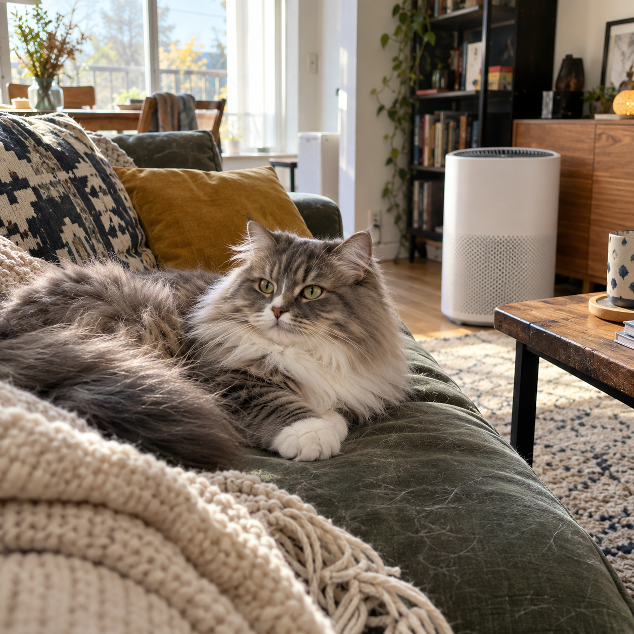 Chat à poils longs installé sur un canapé près d’un purificateur d’air