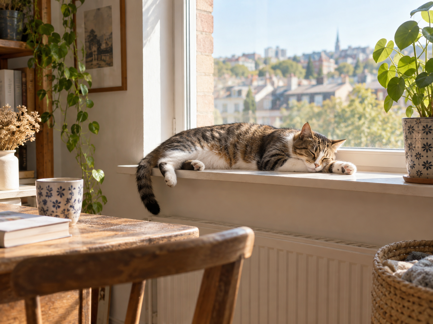 Chat endormi au soleil sur le rebord d'une fenêtre