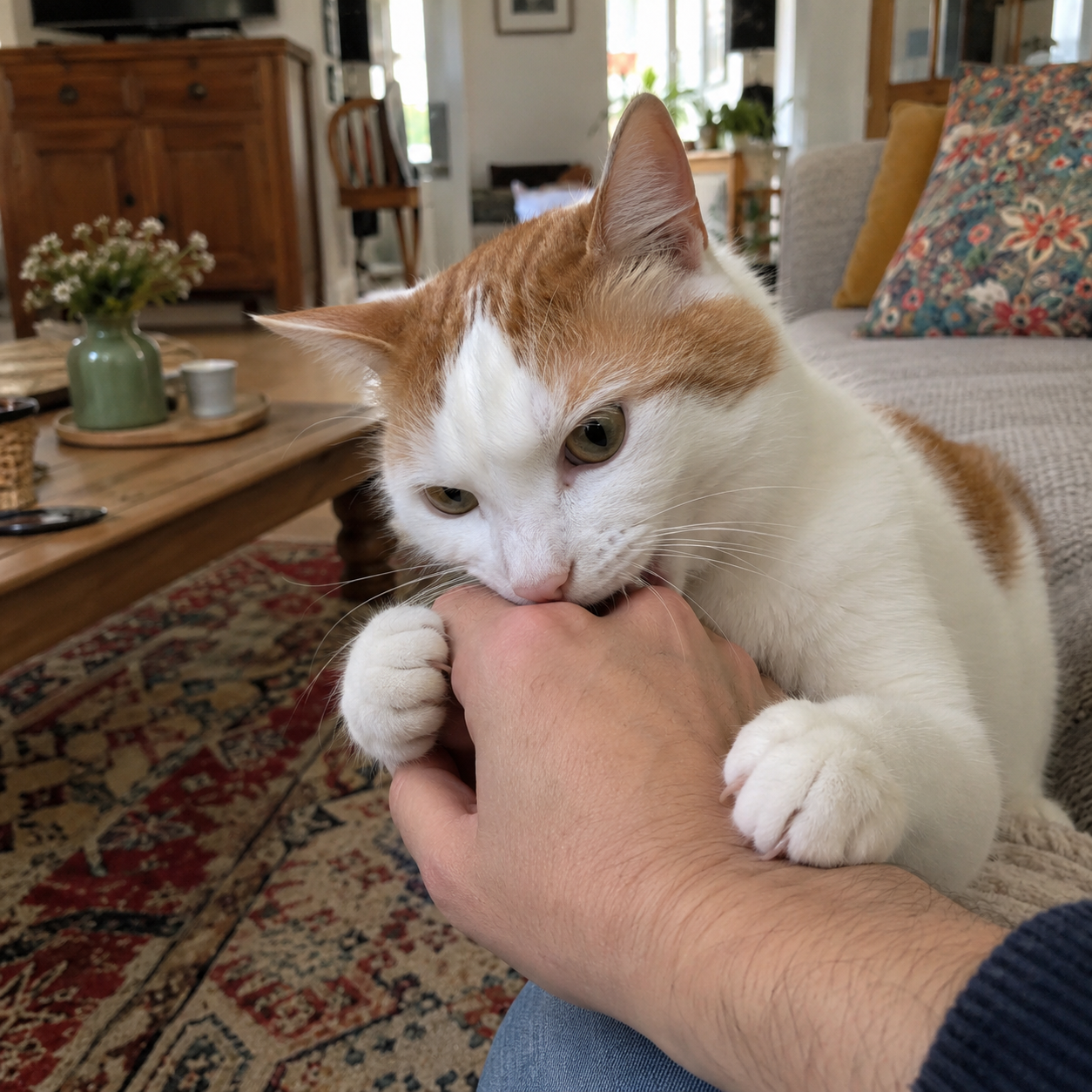 Chat roux et blanc mordillant la main de son propriétaire pendant une interaction