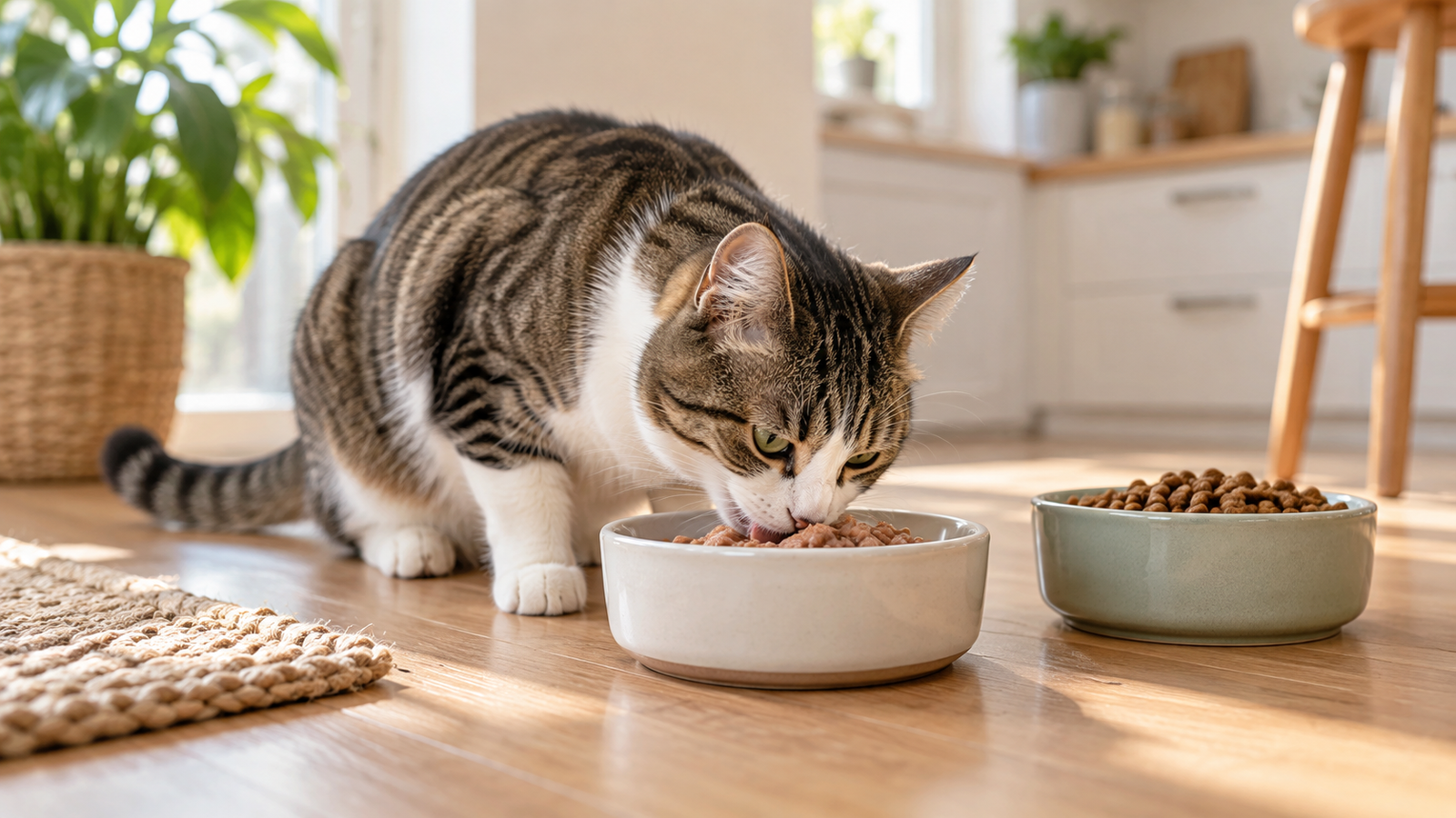 Chat mangeant dans une cuisine chaleureuse avec croquettes et pâtée