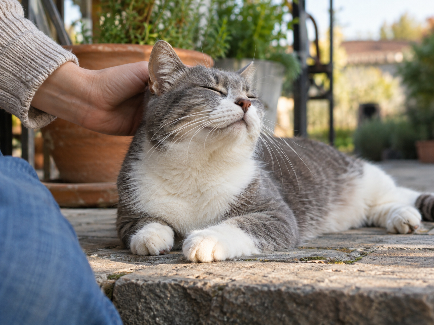 Chat gris et blanc appréciant les caresses de son humain dans un jardin