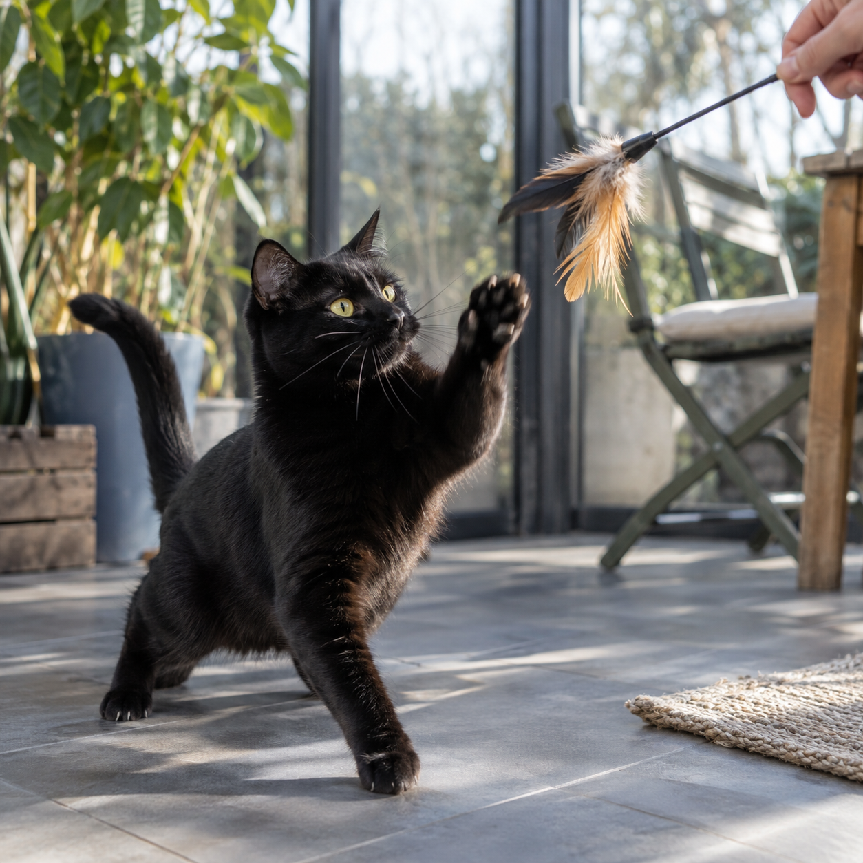 Chat noir jouant avec une canne à pêche munie de plumes