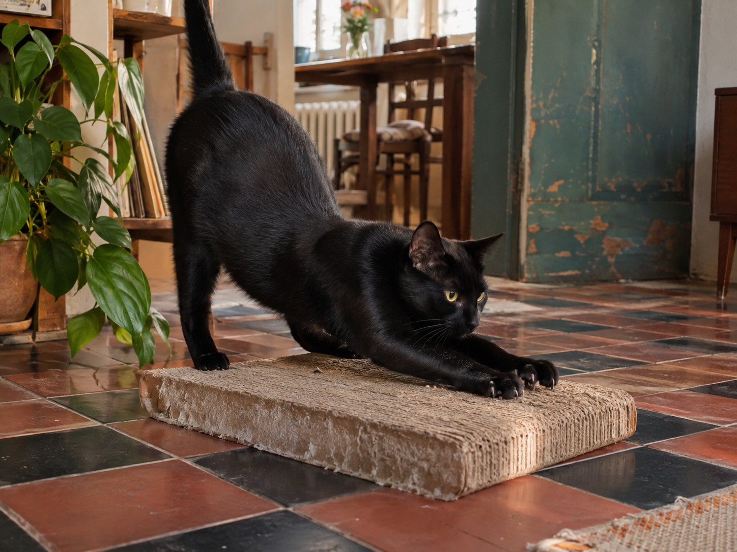 Chat noir utilisant un griffoir horizontal en carton