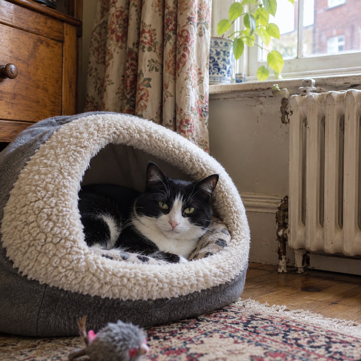 Chat noir et blanc installé tranquillement dans son couchage près d'une fenêtre