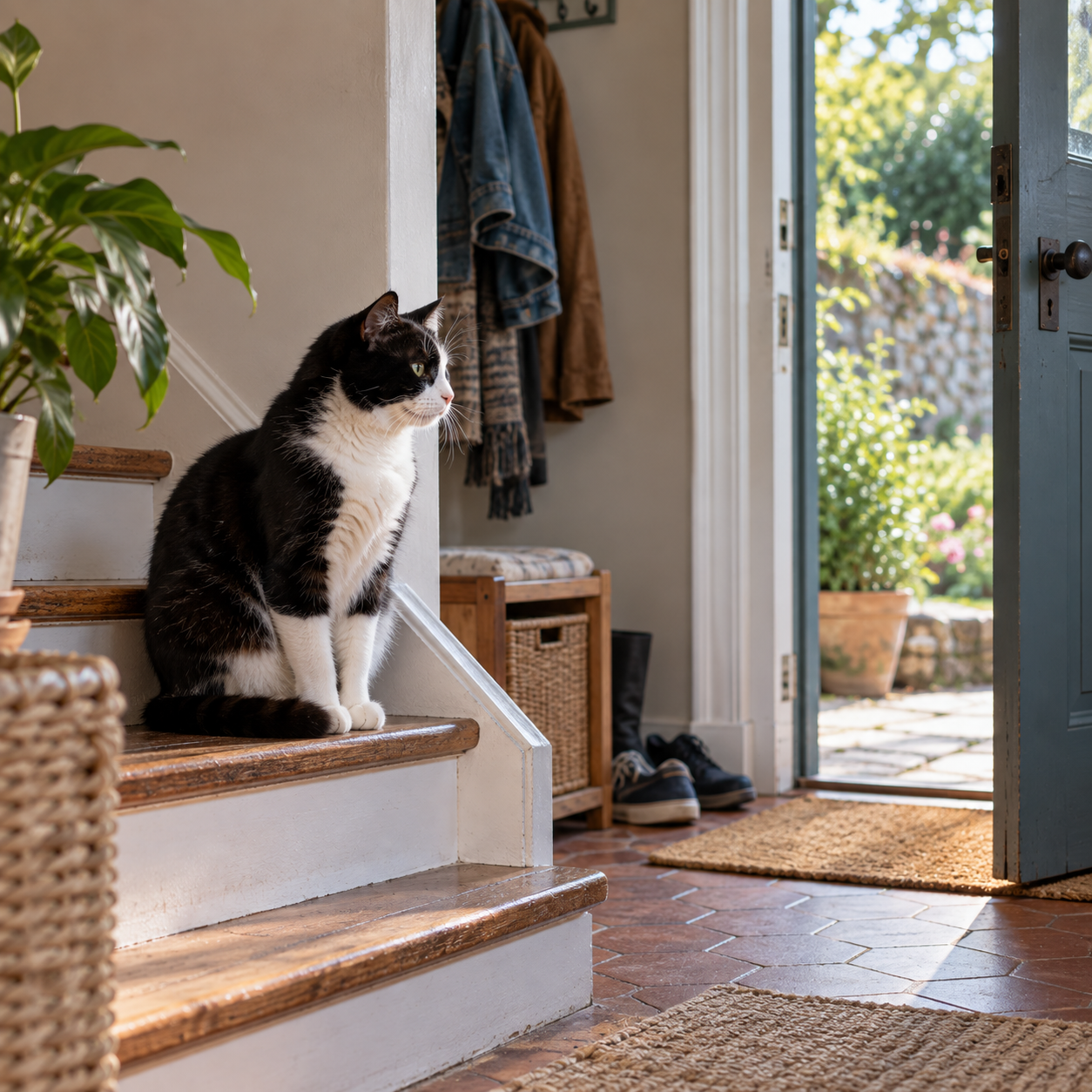 Chat noir et blanc installé sur un escalier dans une maison ancienne, observant le jardin