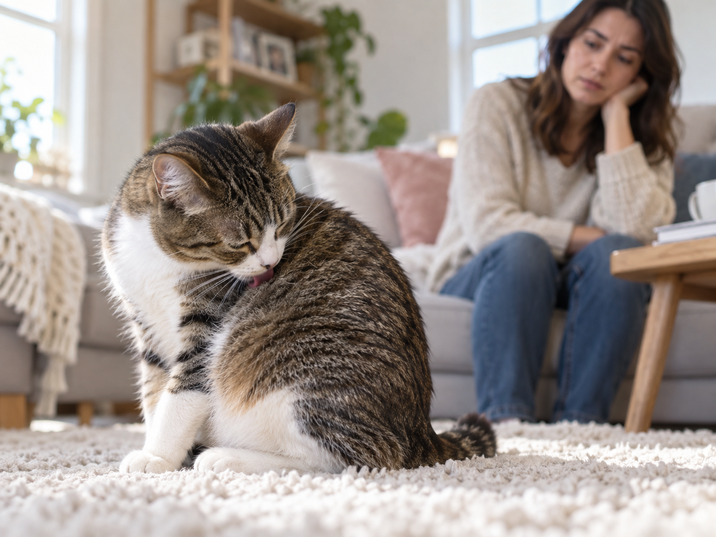 Chat qui fait sa toilette pendant que sa maîtresse l'observe