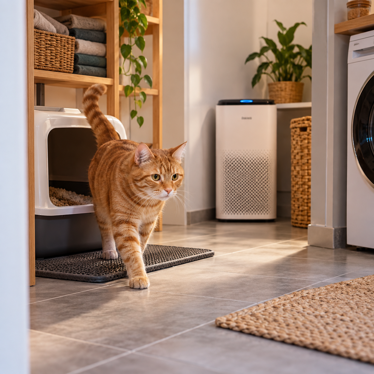 Chat roux sortant de son espace litière dans une buanderie équipée d’un purificateur d’air