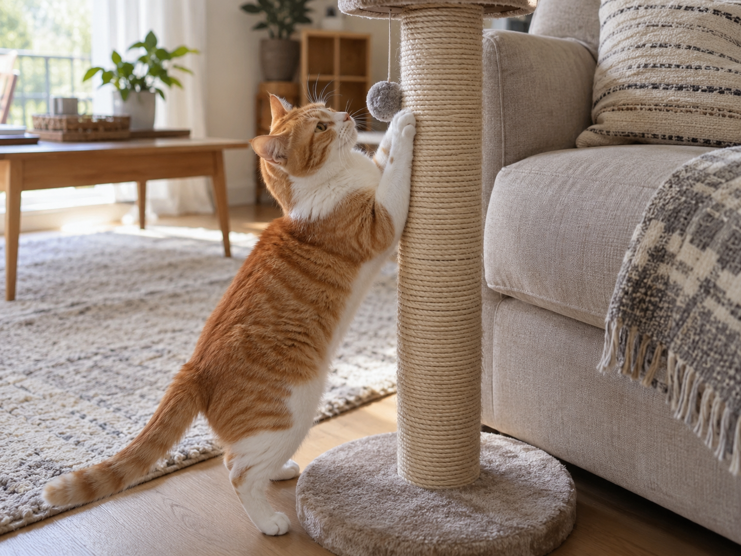 Chat roux qui utilise un griffoir près du canapé