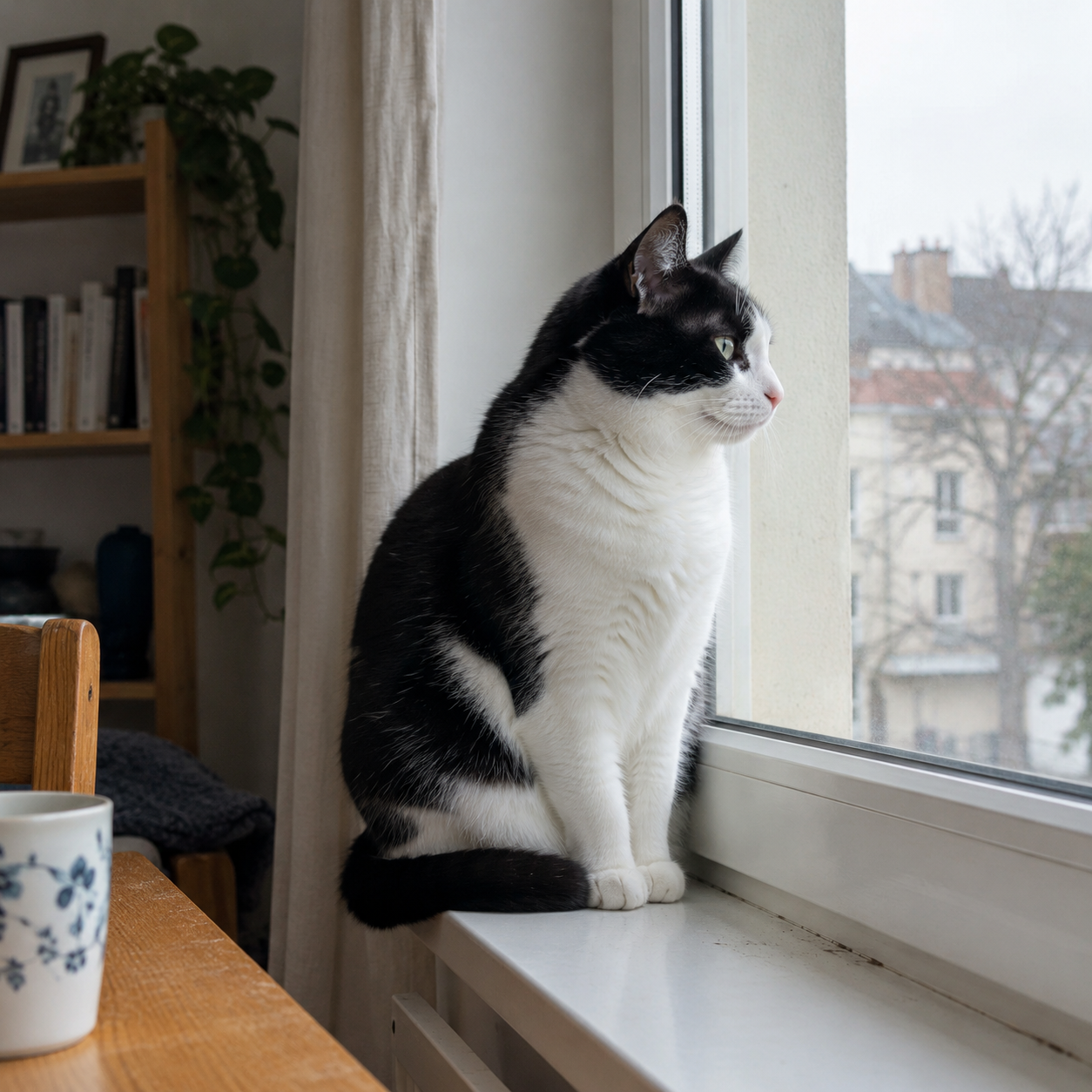 Chat noir et blanc regardant la rue depuis la fenêtre de son appartement