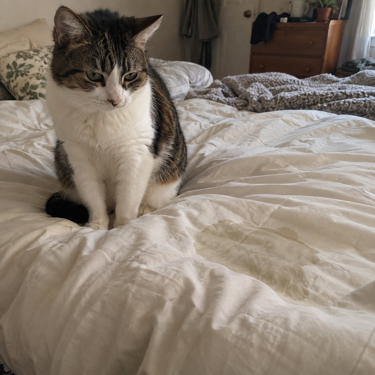 Chat assis sur une couette blanche froissée, près d'une tache d'humidité