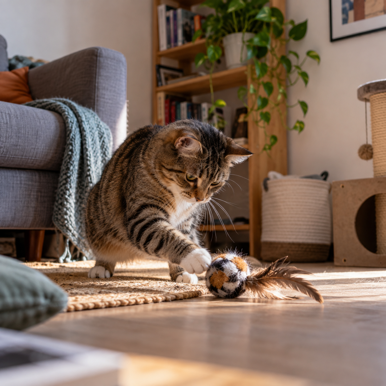 Chat tigré jouant avec une plume dans un salon pour se dépenser avant la nuit