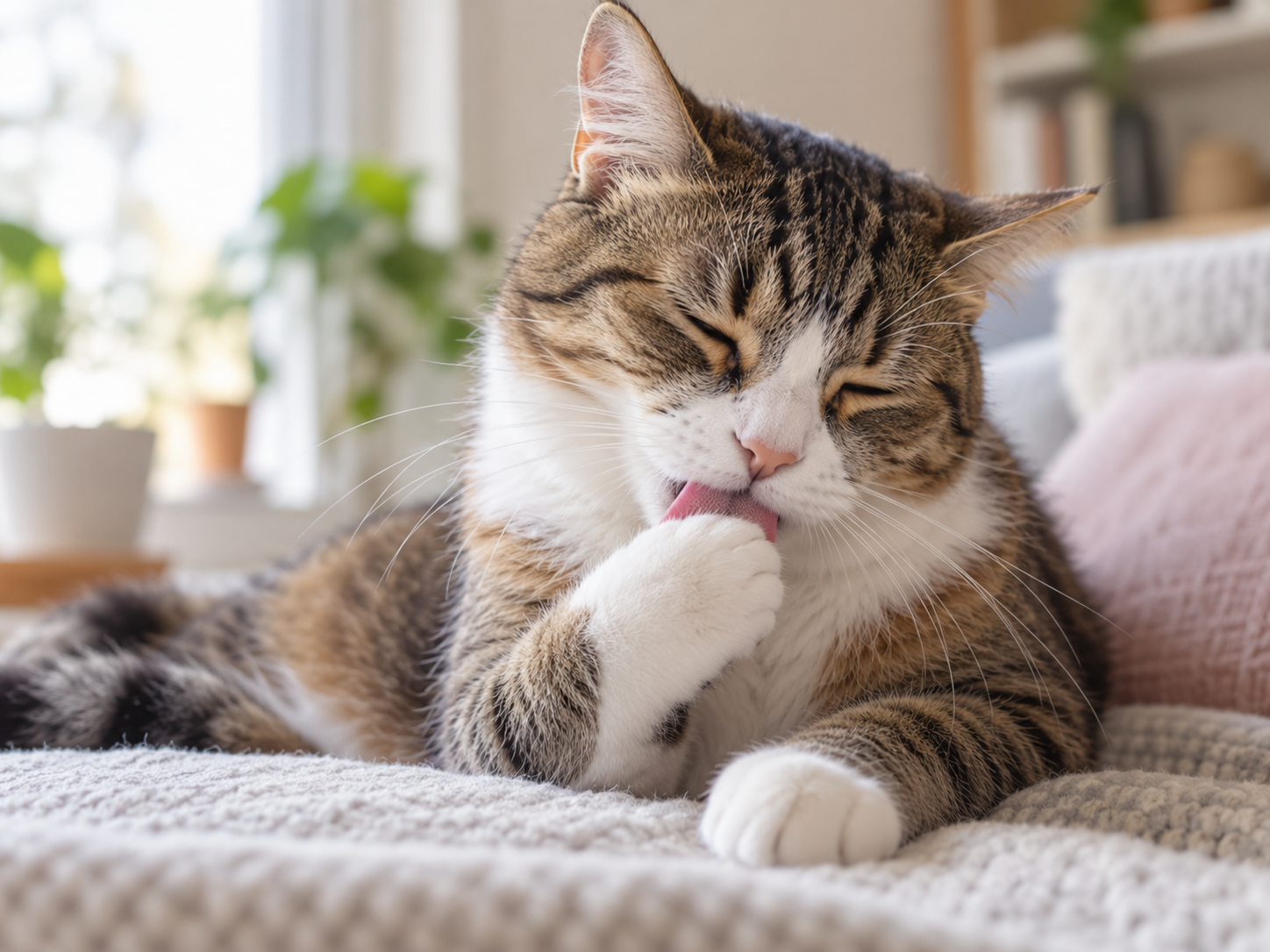 Chat tigré se toilettant tranquillement sur un plaid
