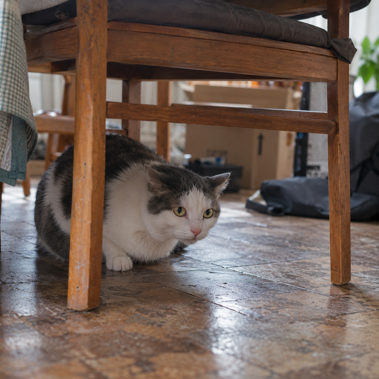 Chatte inquiète réfugiée sous un meuble