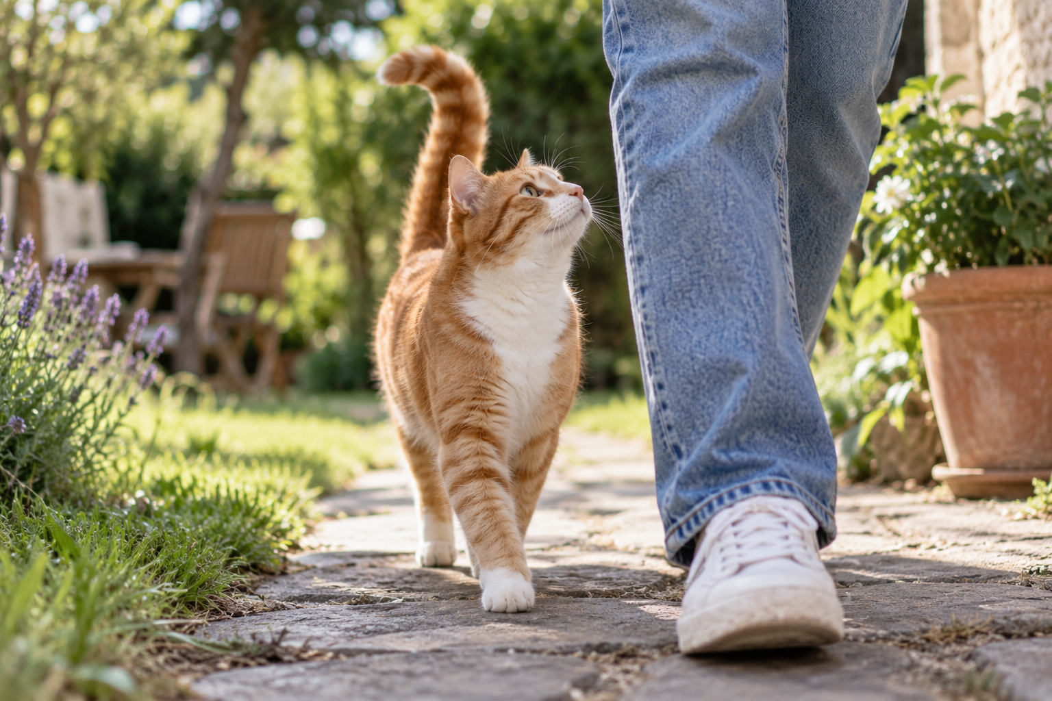 Chat qui suit son humain dans un jardin