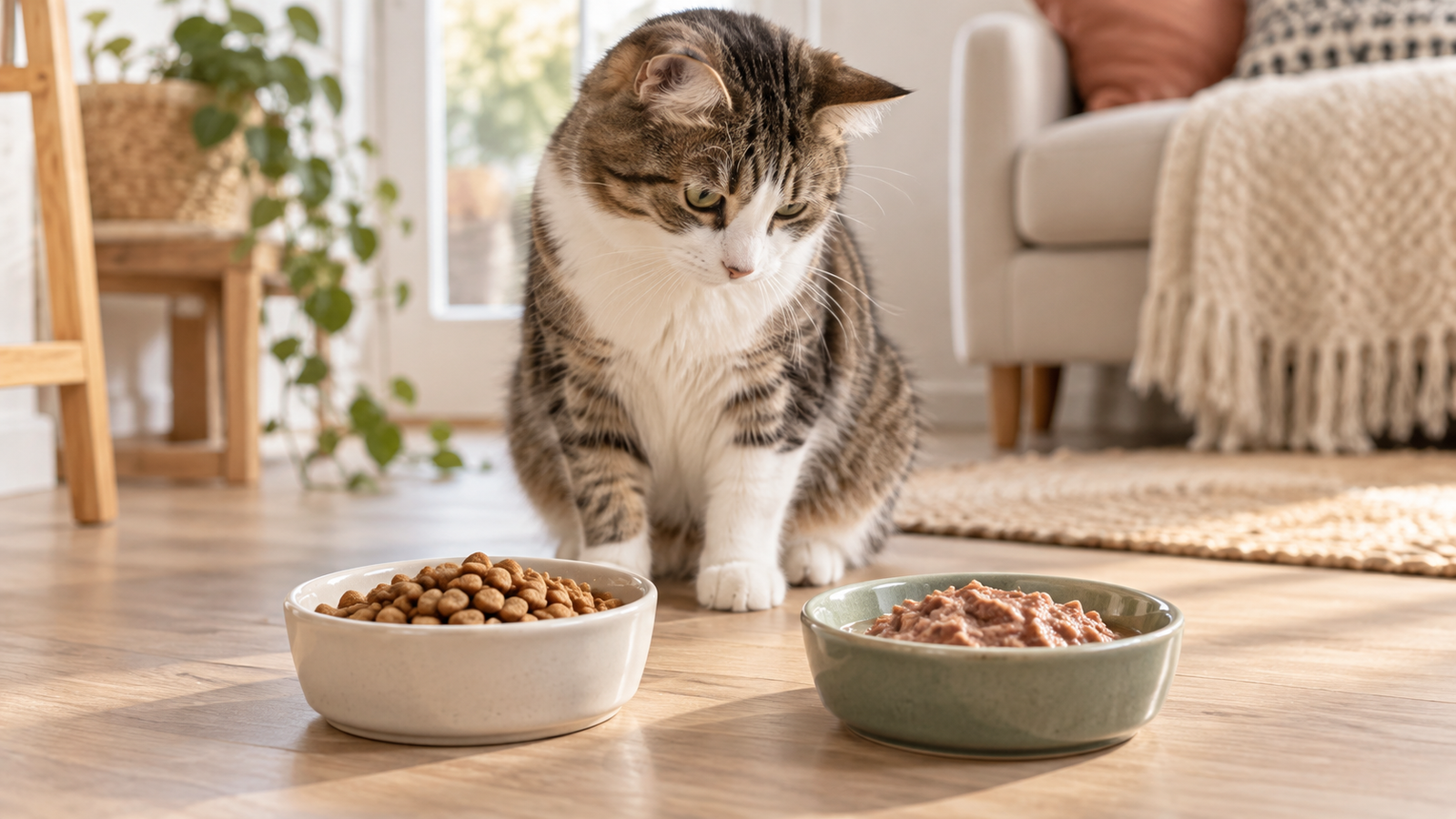Chat devant des croquettes et de la pâtée