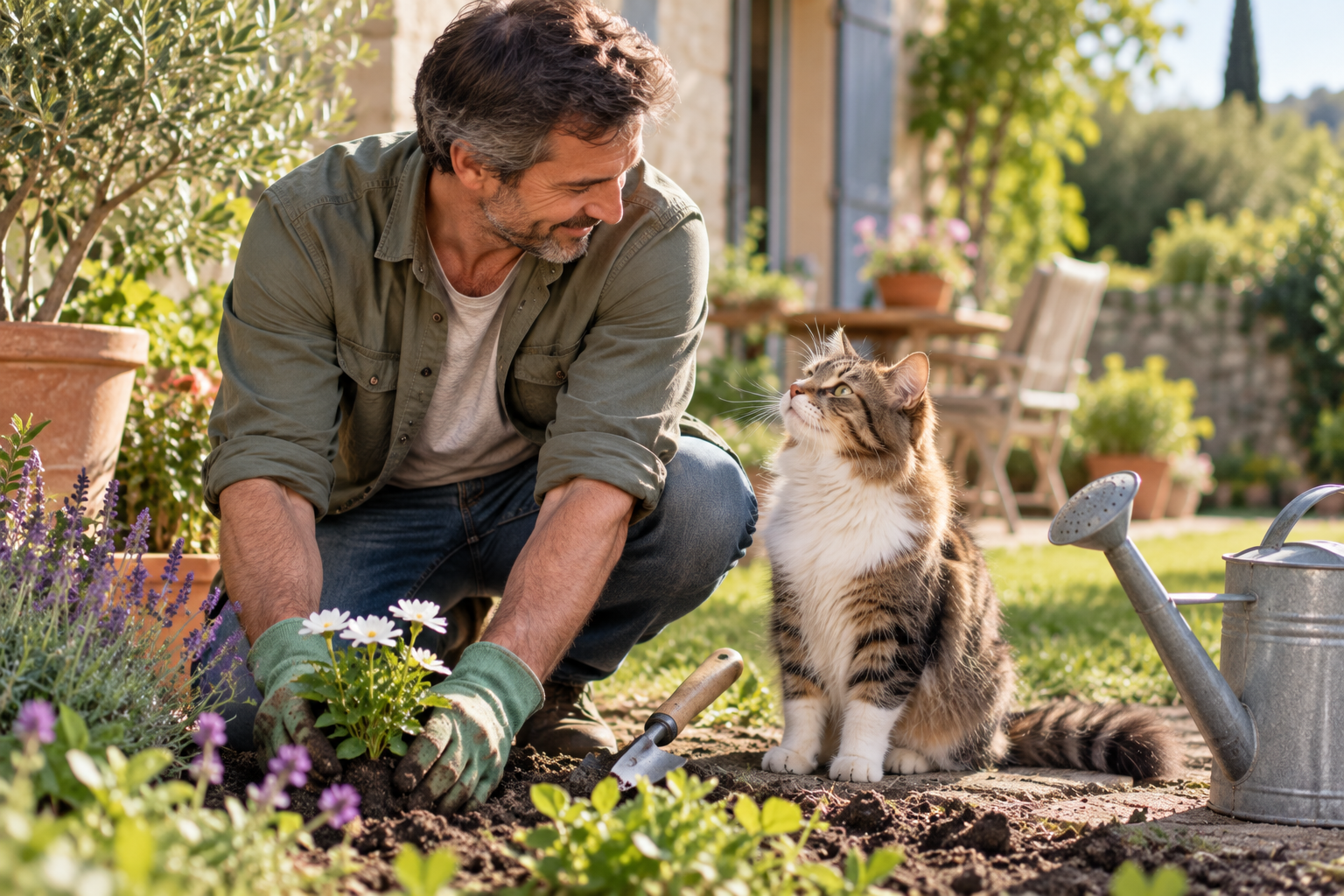 Homme qui jardine accompagné de son chat