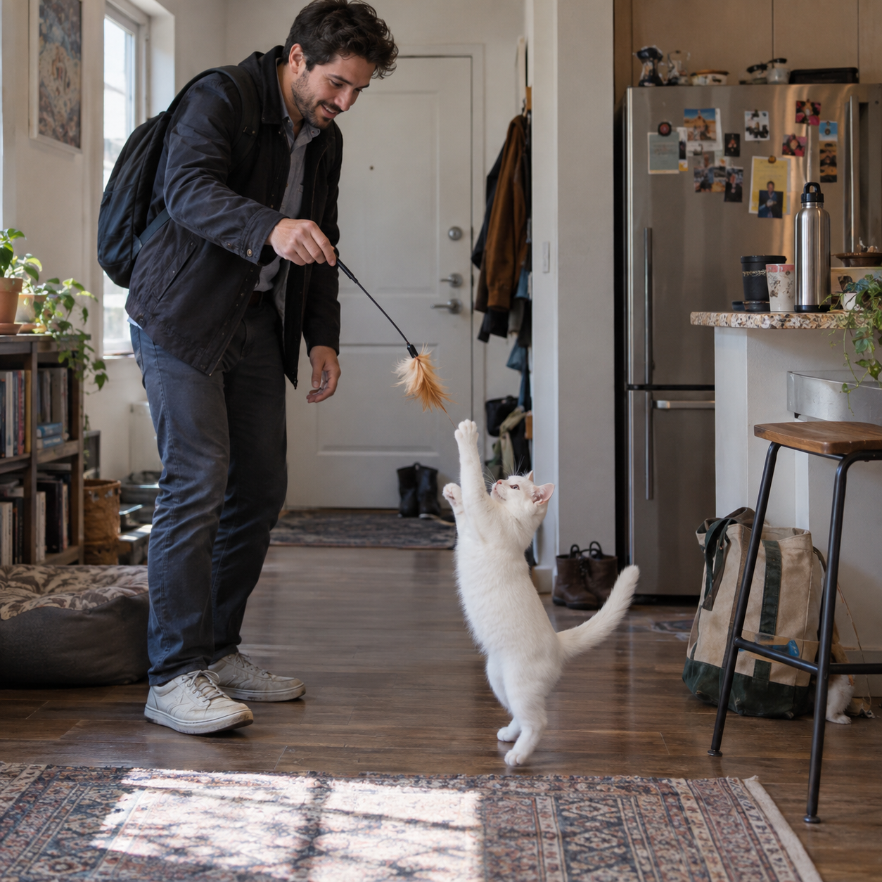 Homme jouant avec son chat blanc à l'aide d'une canne à pêche avant de partir travailler