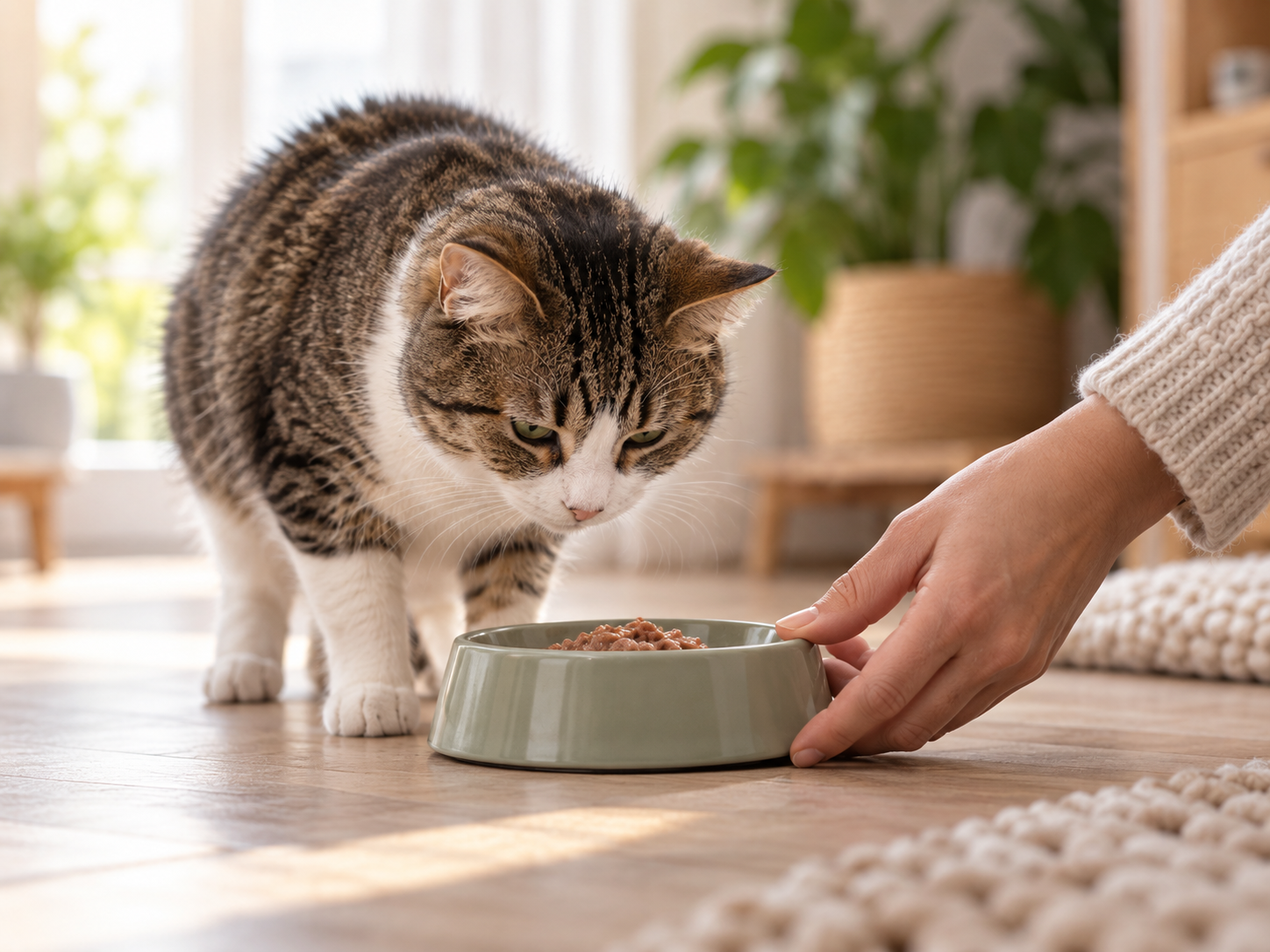 Chat hésitant devant sa gamelle accompagné avec douceur