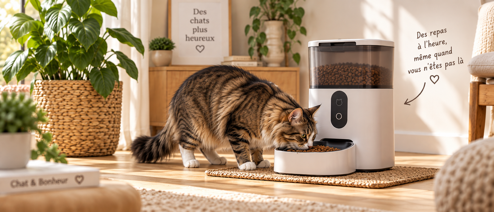 Chat devant un distributeur automatique de croquettes