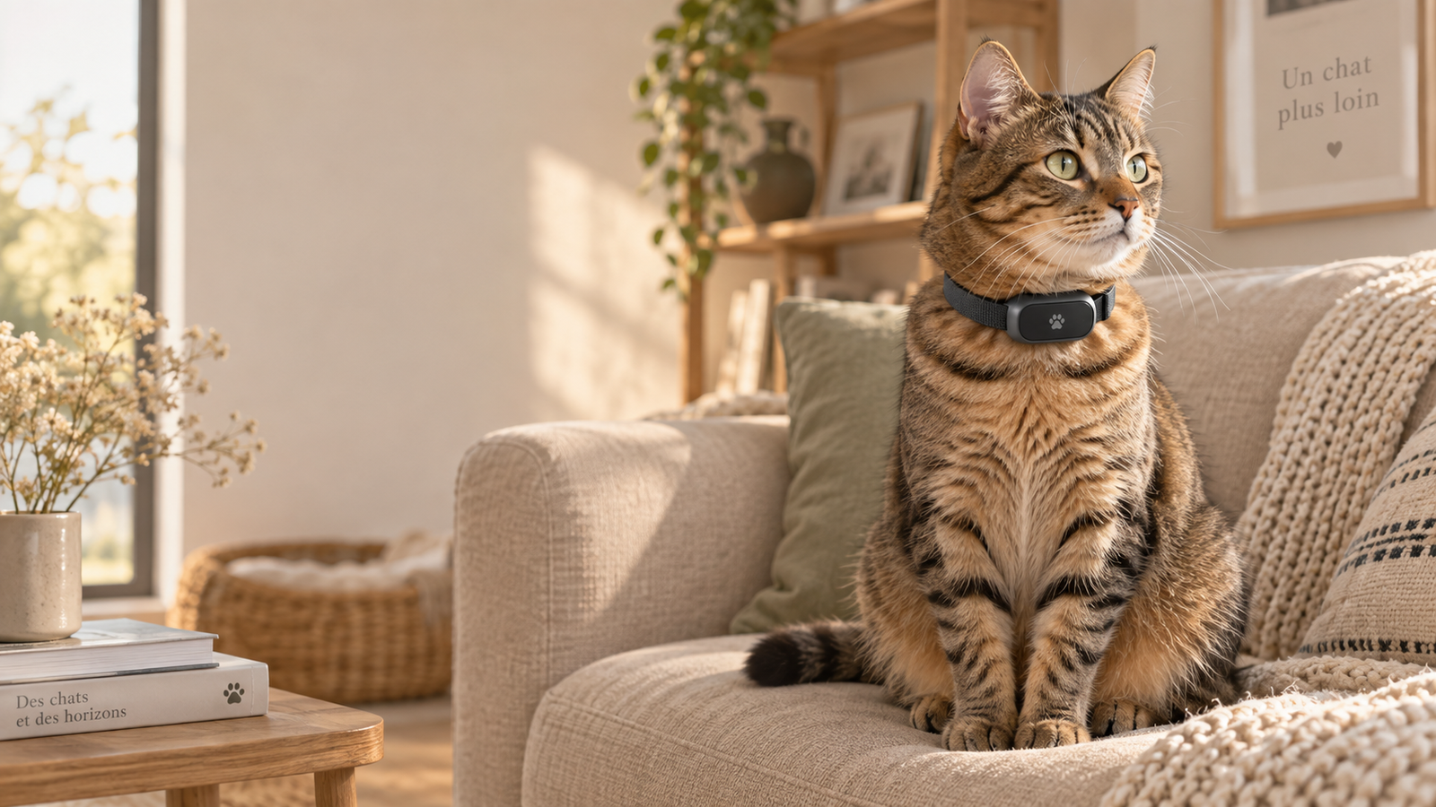 Chat équipé d'un collier GPS dans un intérieur chaleureux