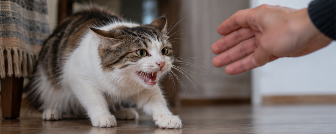 Chat en position défensive, les oreilles rabattues et la gueule ouverte